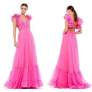 NEW NWT Mac Duggal RUFFLE TIERED CUT-OUT CHIFFON GOWN HOT PINK #67911